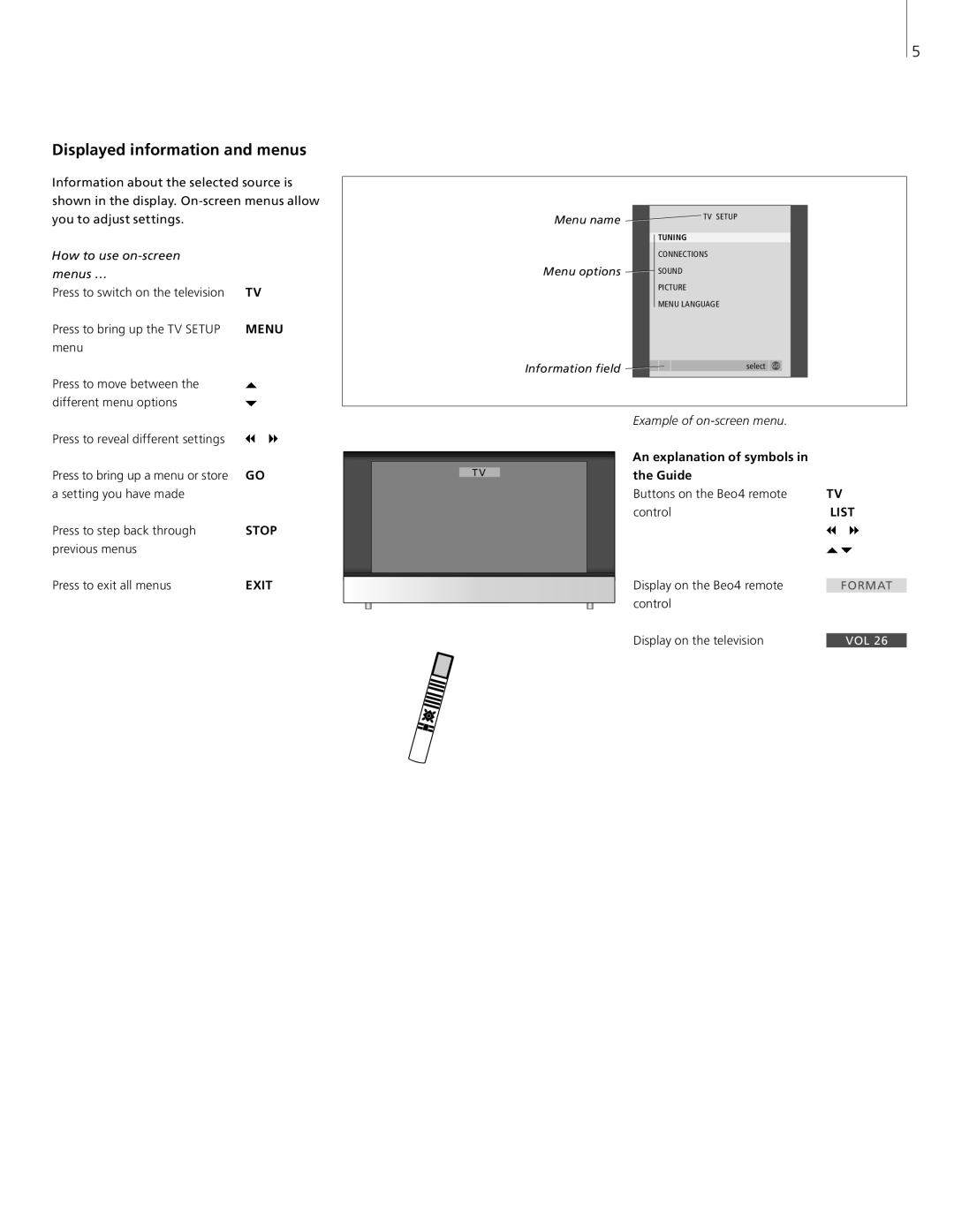 Bang & Olufsen 8 manual Displayed information and menus 