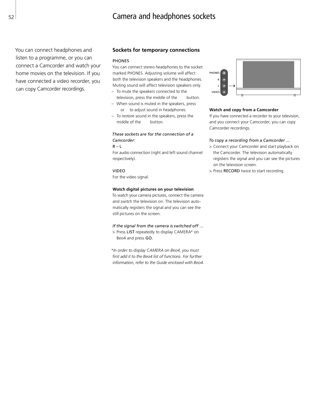 Bang & Olufsen 8 manual Sockets for temporary connections, Watch digital pictures on your television 