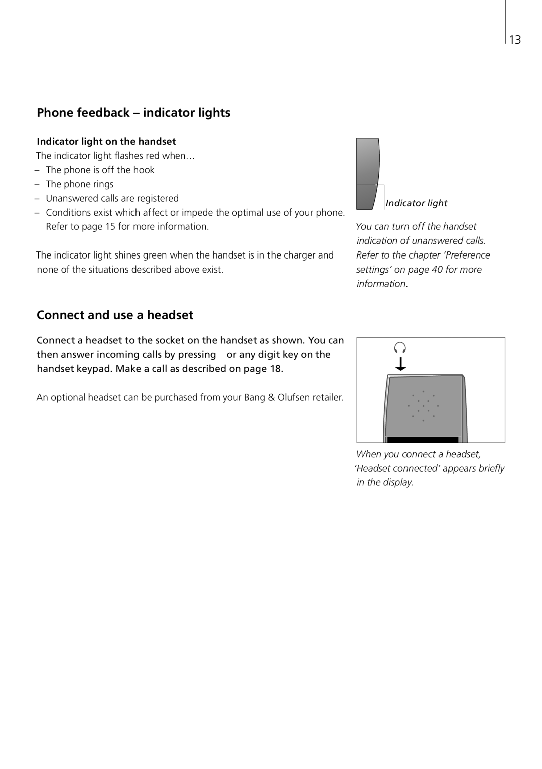 Bang & Olufsen Beocom 6000 manual Phone feedback indicator lights, Connect and use a headset, You can turn off the handset 