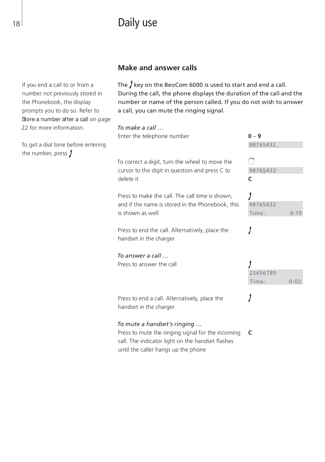 Bang & Olufsen Beocom 6000 Make and answer calls, To make a call …, To answer a call …, To mute a handset’s ringing … 