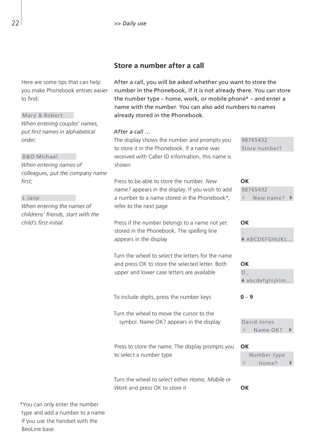 Bang & Olufsen Beocom 6000 manual Store a number after a call, After a call … Display shows the number and prompts you 