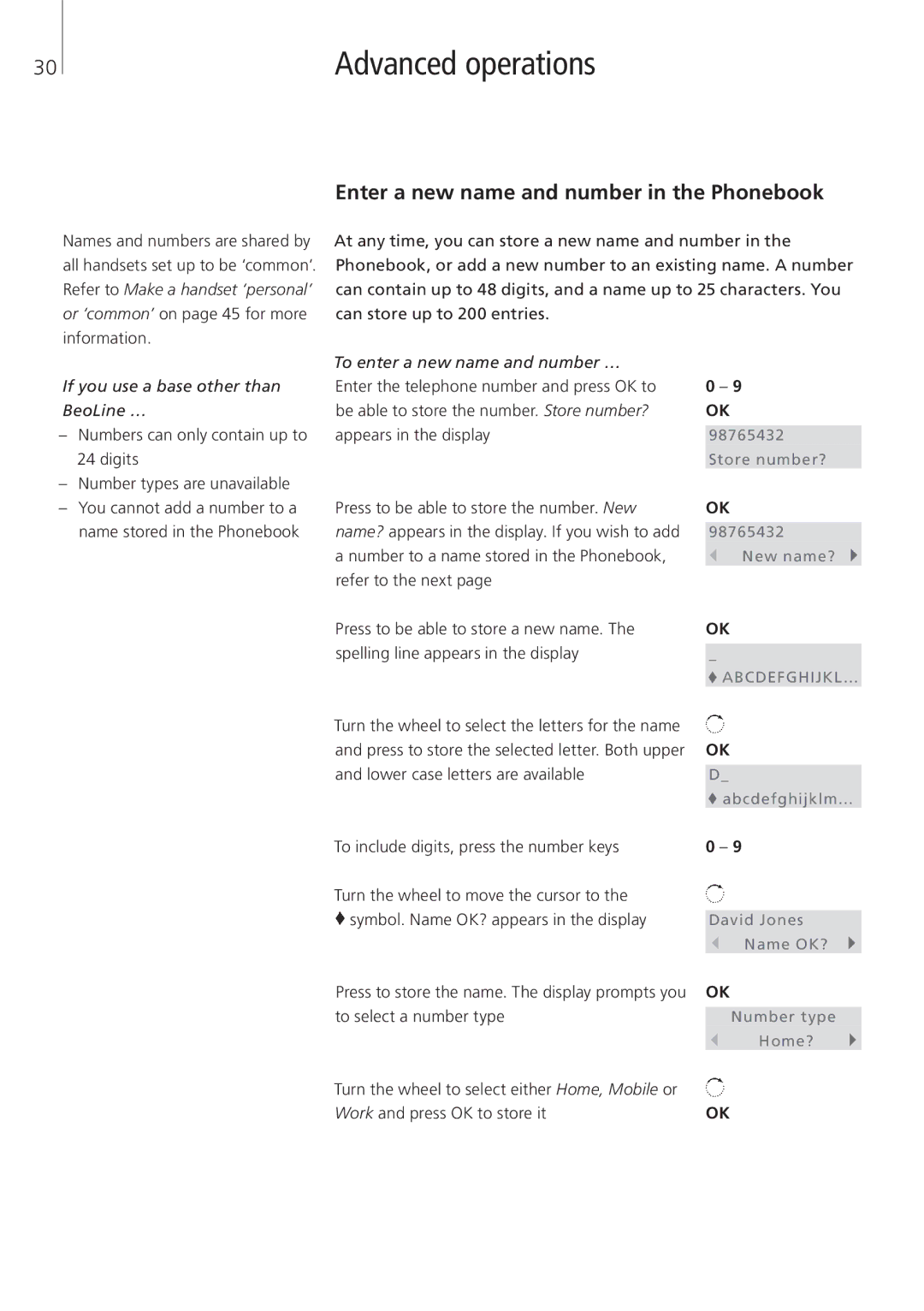 Bang & Olufsen Beocom 6000 manual Enter a new name and number in the Phonebook, If you use a base other than BeoLine … 