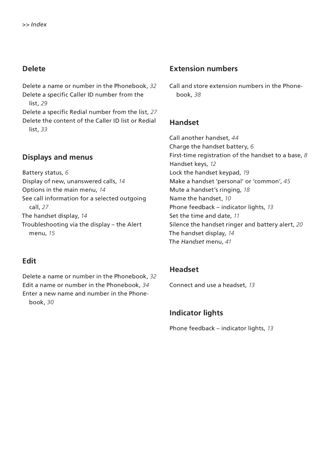 Bang & Olufsen Beocom 6000 manual Delete, Displays and menus, Extension numbers, Handset, Edit Headset, Indicator lights 