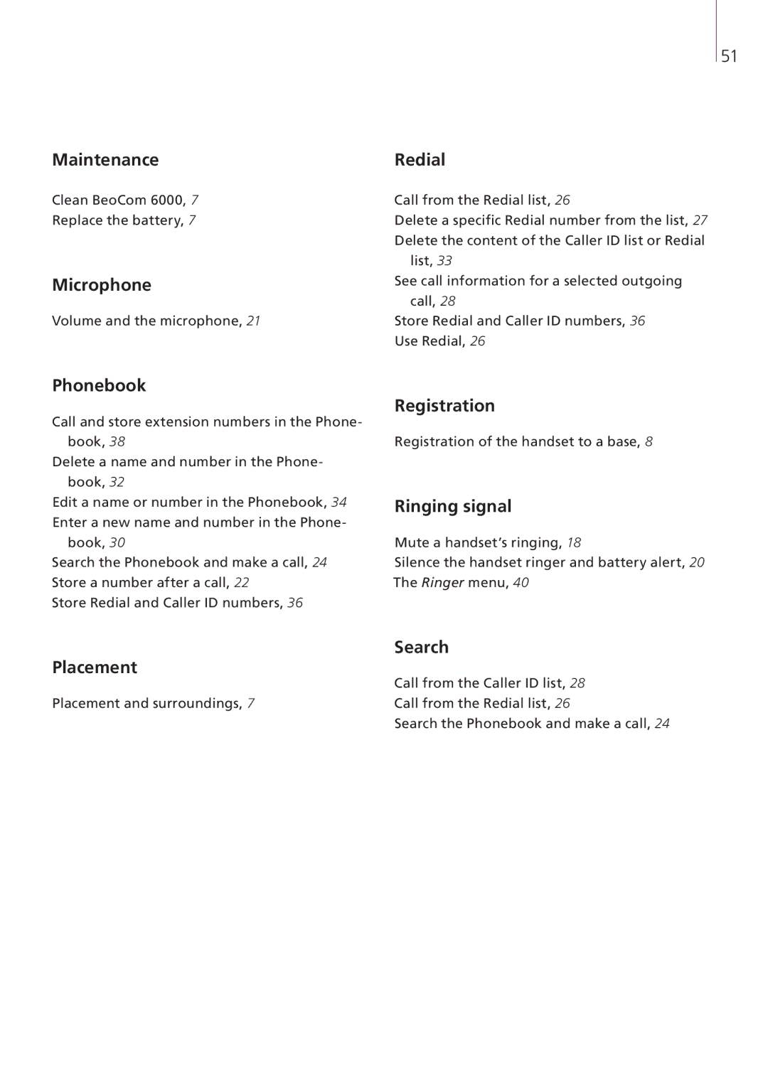 Bang & Olufsen Beocom 6000 manual Maintenance Redial, Microphone, Phonebook, Registration, Ringing signal, Search Placement 