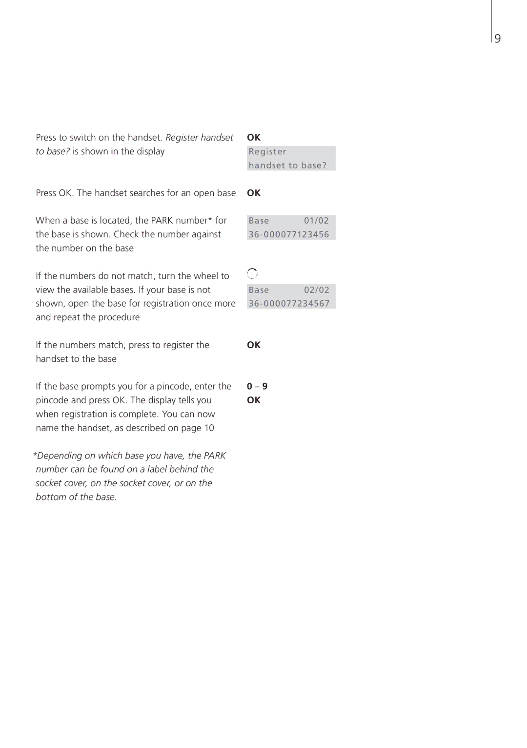 Bang & Olufsen Beocom 6000 manual To base? is shown in the display, When a base is located, the Park number* for 