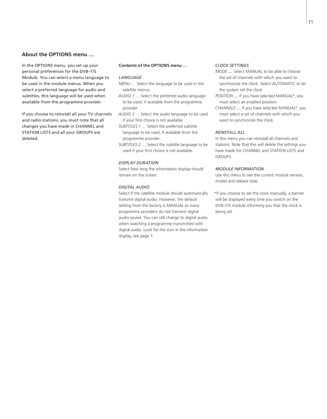 Bang & Olufsen DVBT/S manual About the Options menu …, Contents of the Options menu … 