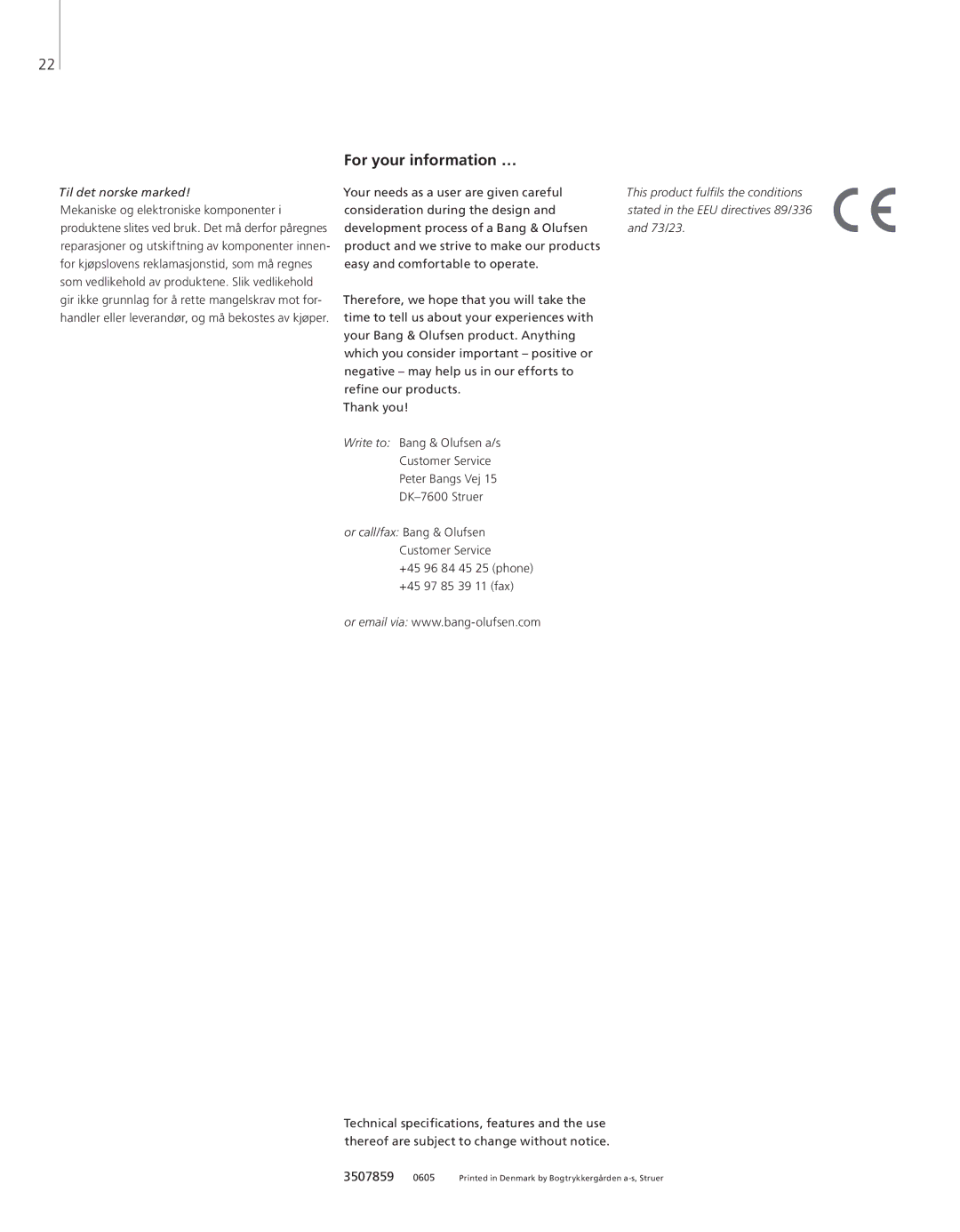 Bang & Olufsen DVBT/S manual For your information …, Til det norske marked, 73/23 