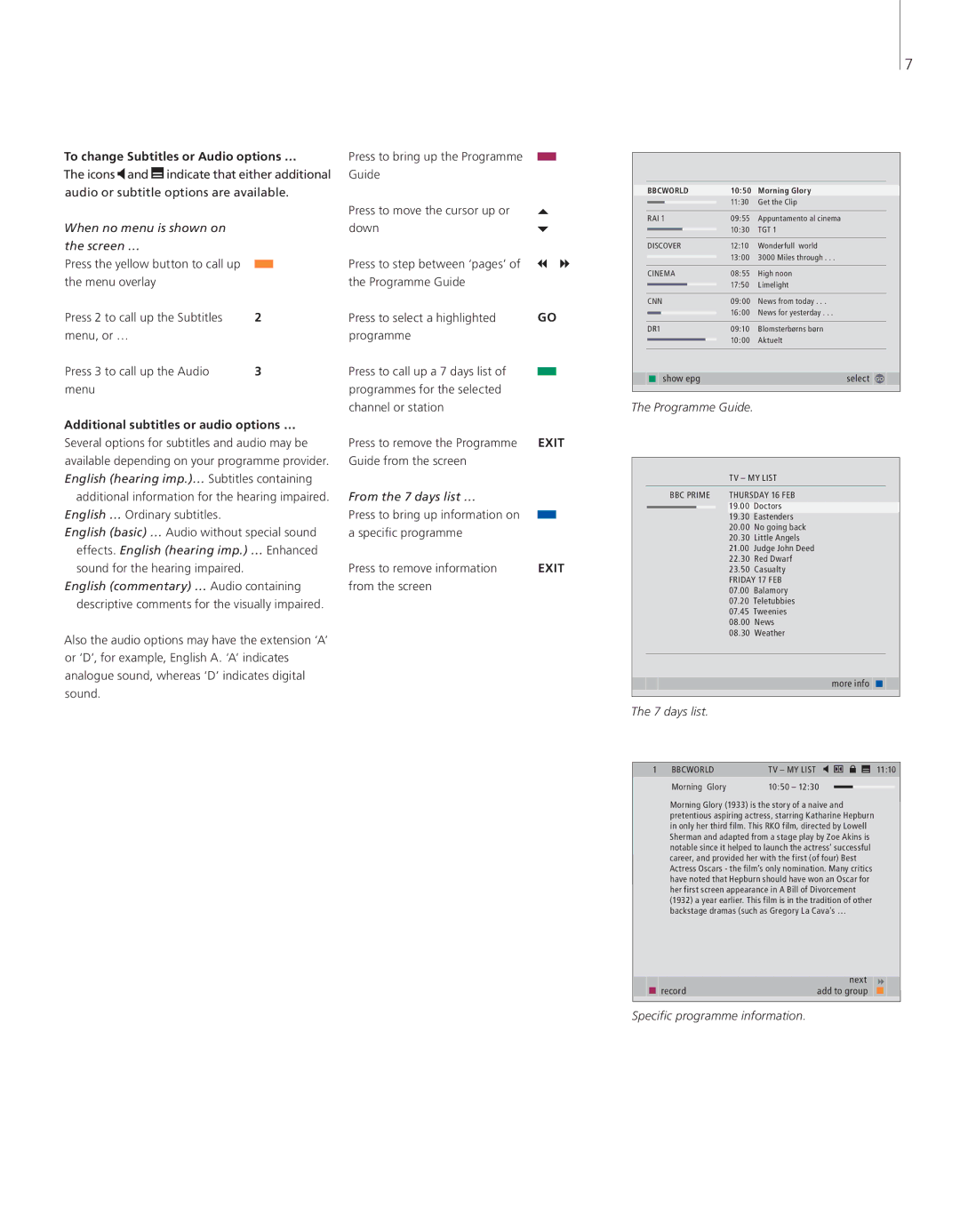 Bang & Olufsen DVBT/S manual To change Subtitles or Audio options …, Additional subtitles or audio options … 