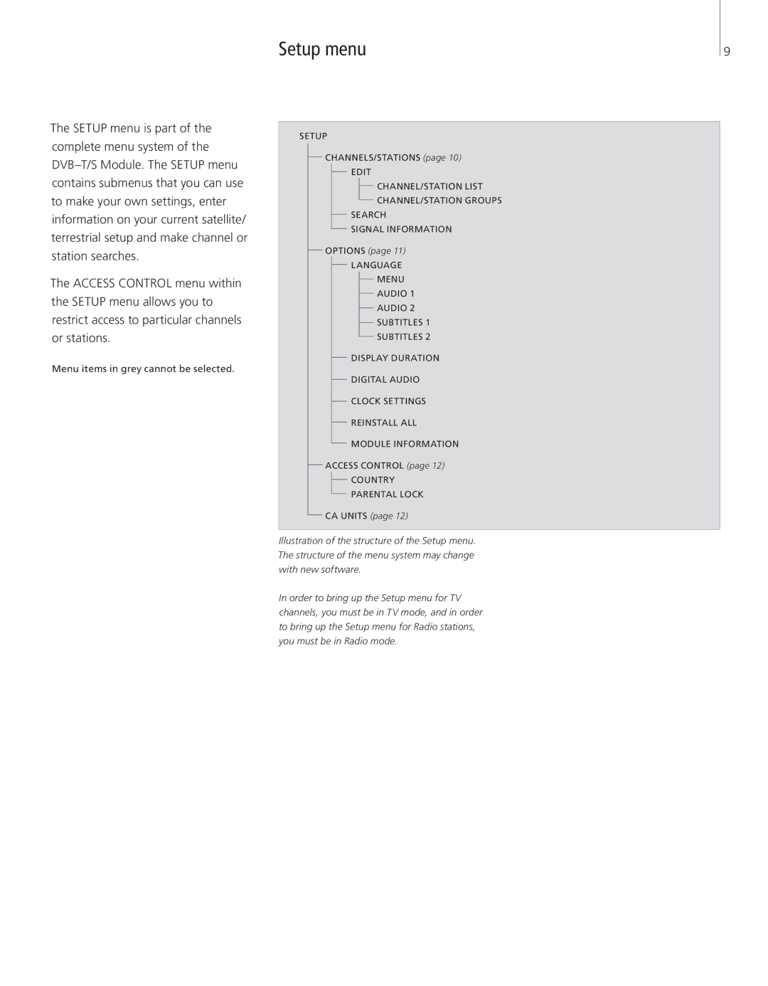 Bang & Olufsen DVBT/S manual Setup menu, Options 