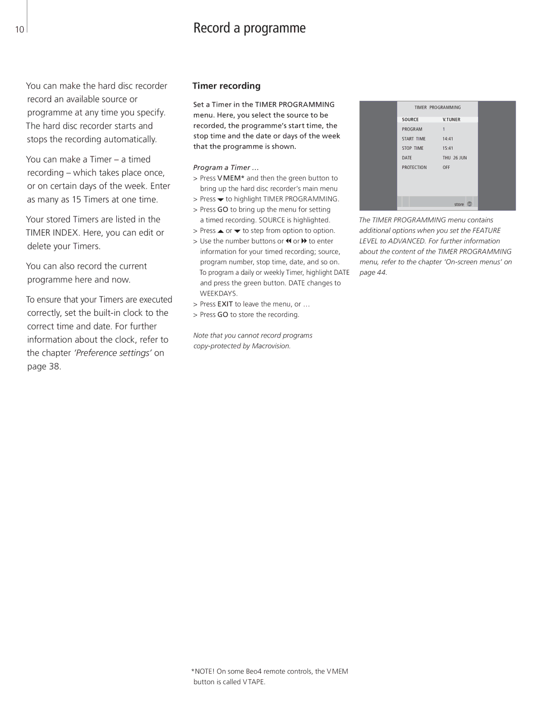 Bang & Olufsen HDR 2 manual Record a programme, Timer recording, Program a Timer …, Press to highlight Timer Programming 