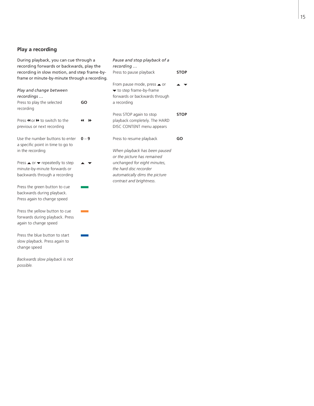 Bang & Olufsen HDR 2 manual Play and change between recordings …, Press to pause playback, Playback completely. The Hard 