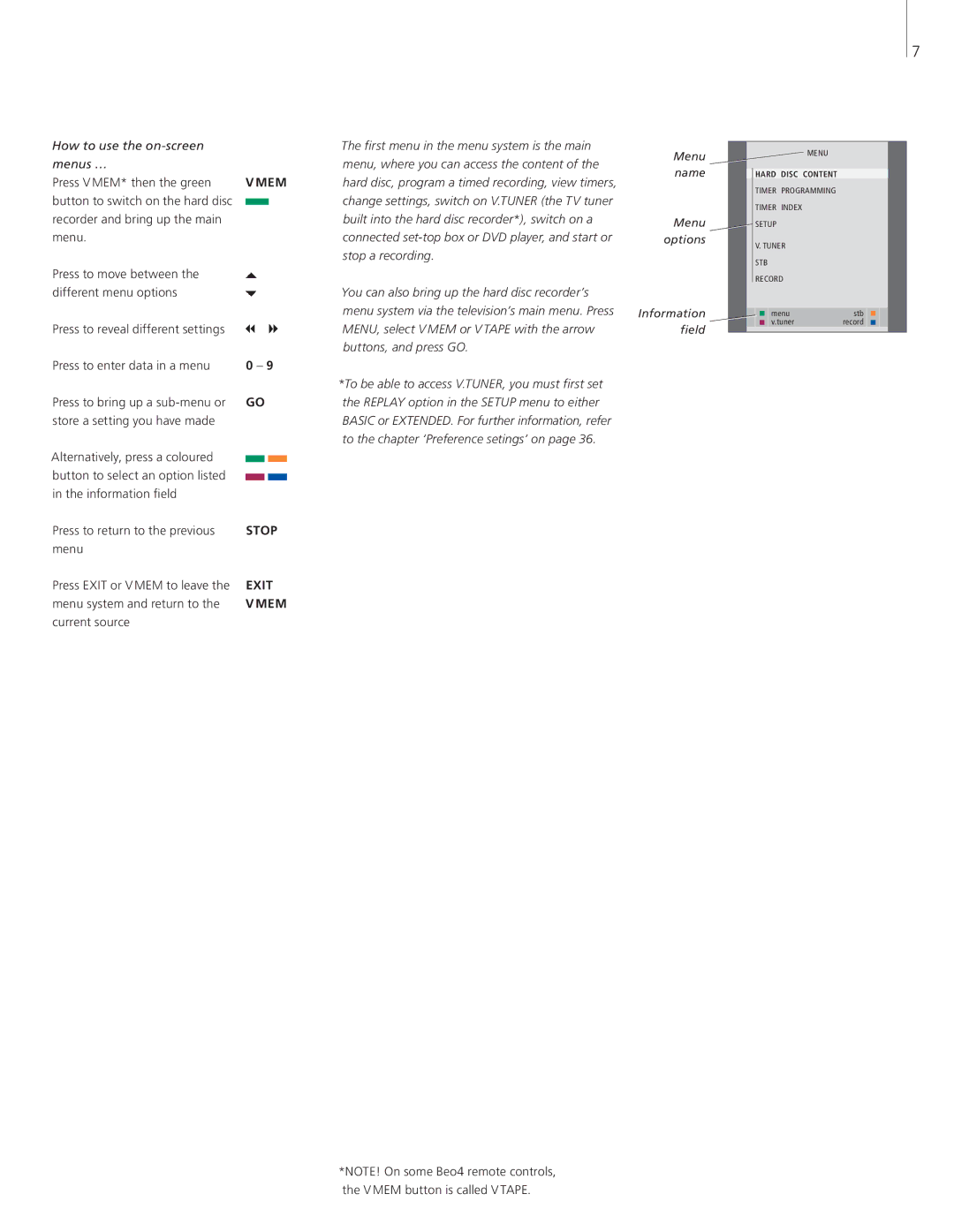 Bang & Olufsen HDR 2 Press V MEM* then the green, Button to switch on the hard disc, Stop a recording, Current source 