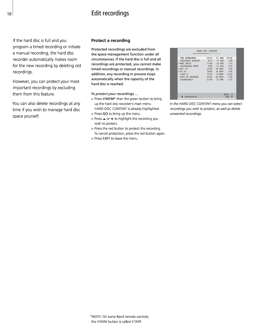 Bang & Olufsen HDR 2 manual Edit recordings, Protect a recording 