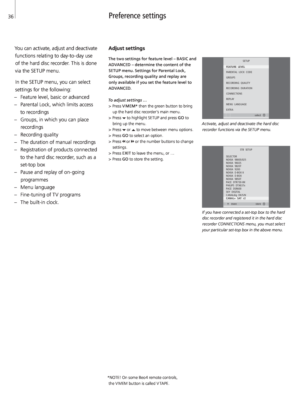 Bang & Olufsen HDR 2 manual Preference settings, Adjust settings 