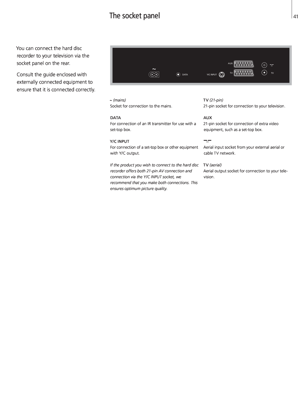 Bang & Olufsen HDR 2 manual The socket panel, ~mains, TV 21-pin, TV aerial 