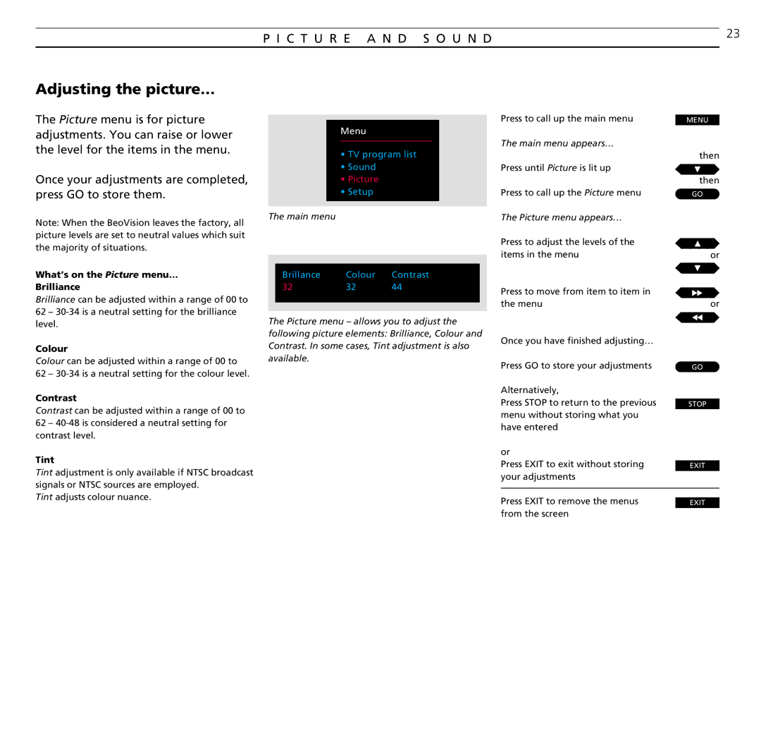 Bang & Olufsen MX 4002 manual Adjusting the picture…, C T U R E a N D S O U N D 