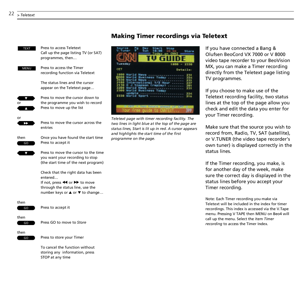 Bang & Olufsen MX TV manual Making Timer recordings via Teletext 