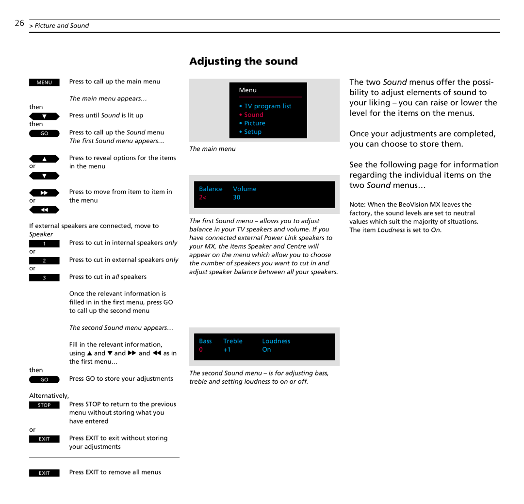 Bang & Olufsen MX TV manual Adjusting the sound, Picture and Sound, Second Sound menu appears… 