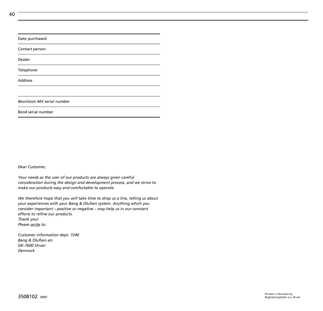 Bang & Olufsen MX TV manual BeoVision MX serial number 