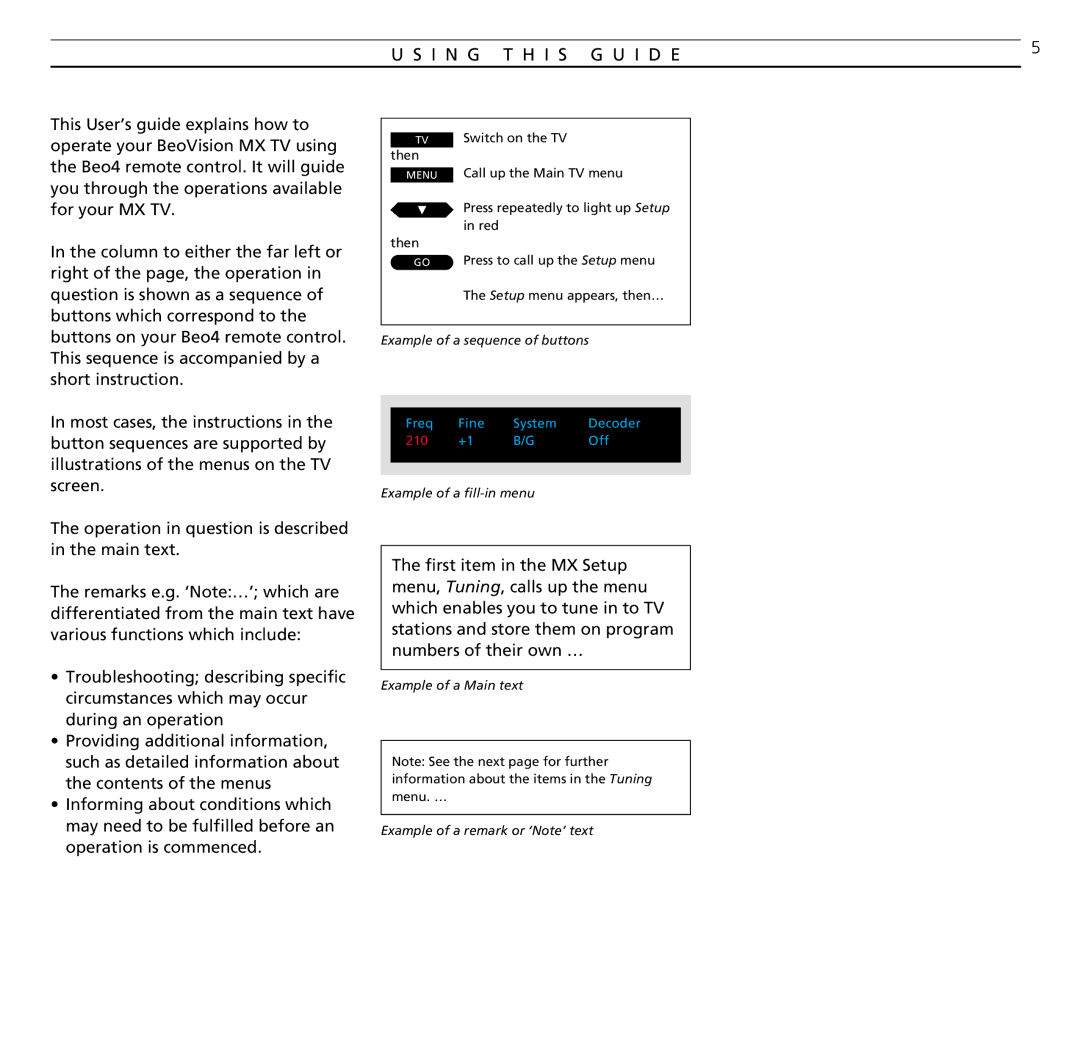 Bang & Olufsen MX TV manual I N G T H I S G U I D E, Example of a sequence of buttons, Example of a fill-in menu 