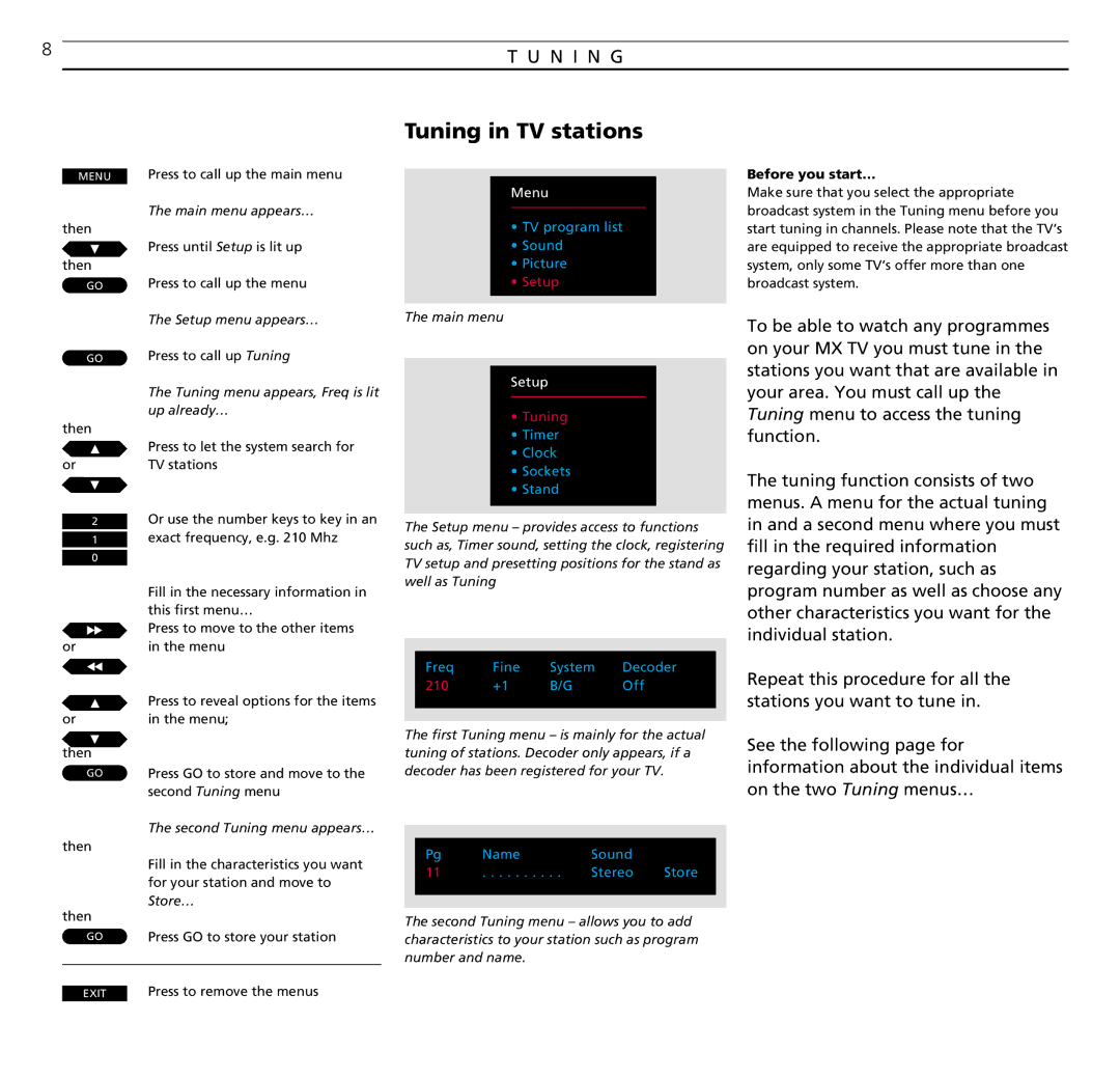 Bang & Olufsen MX TV manual Tuning in TV stations, N I N G, Before you start… 