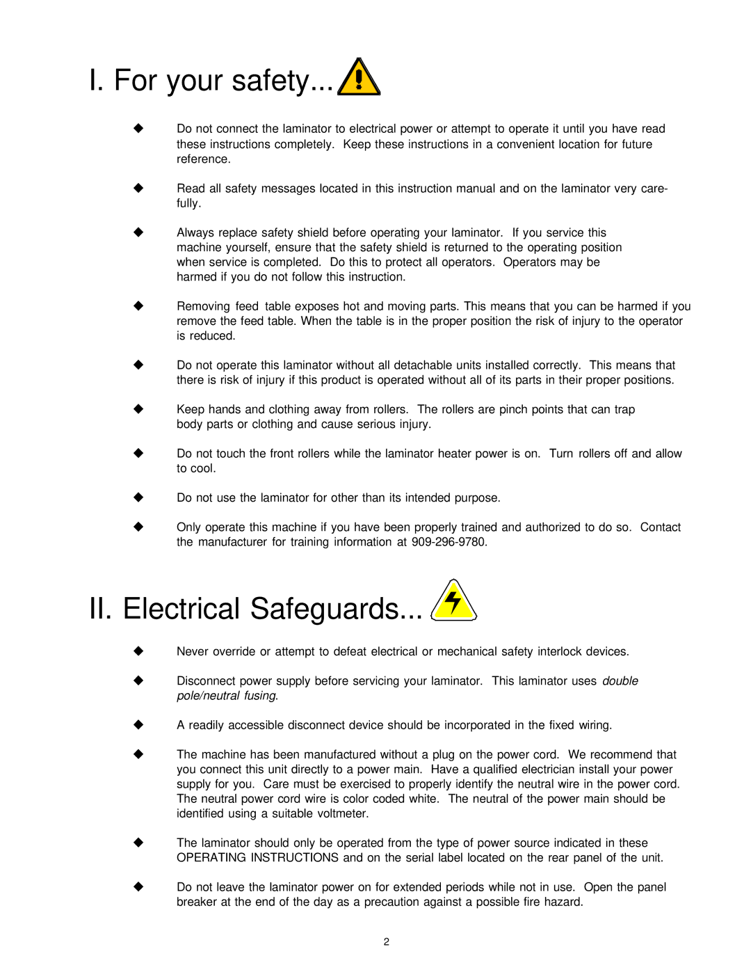 Banner American Products BA-EN45 manual For your safety, II. Electrical Safeguards 