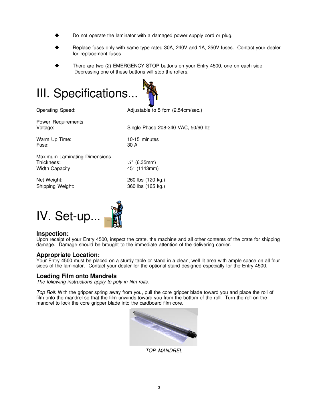 Banner American Products BA-EN45 manual III. Specifications, IV. Set-up, Inspection, Appropriate Location 