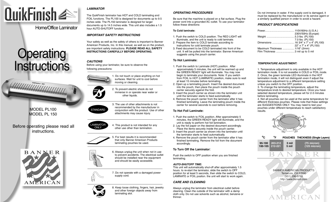 Banner American Products PL100 PL150 important safety instructions Laminator, Important Safety Instructions 