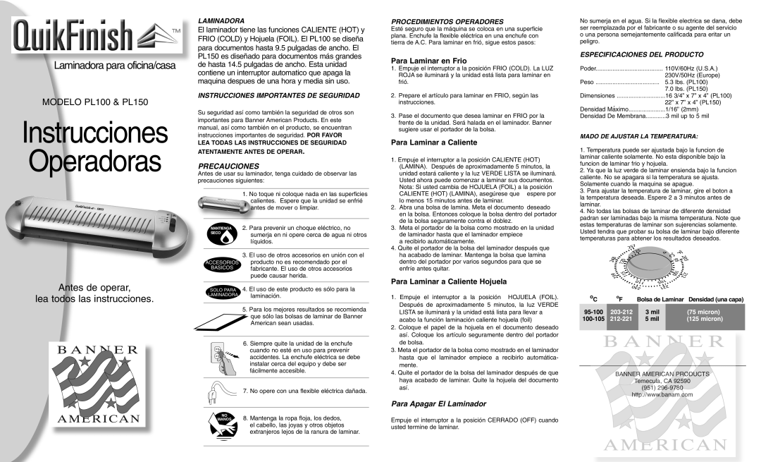 Banner American Products PL100 PL150 Laminadora, Instrucciones Importantes DE Seguridad, Procedimientos Operadores 