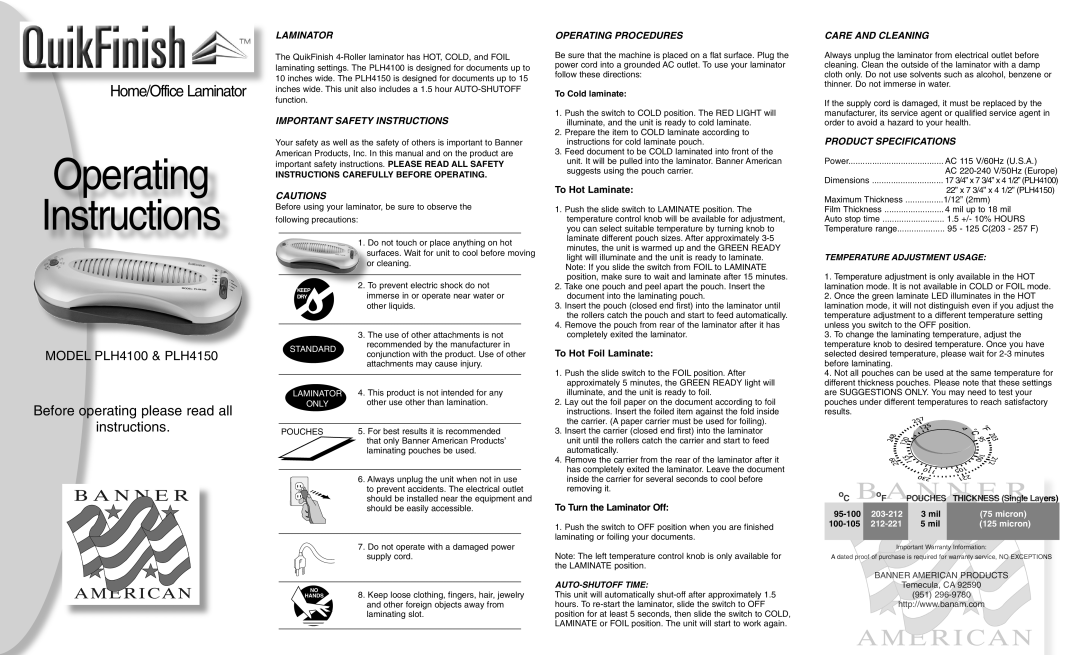 Banner American Products PLH4100 important safety instructions Laminator, Important Safety Instructions, Care and Cleaning 