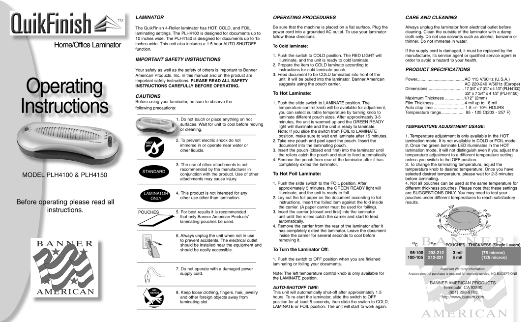 Banner American Products PLH4100 important safety instructions Before operating please read all instructions, Laminator 