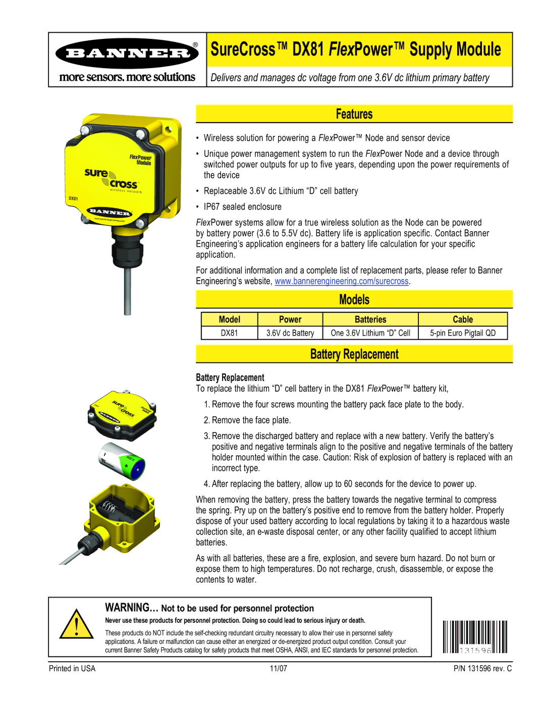 Banner DX81 manual Features, Models, Battery Replacement 