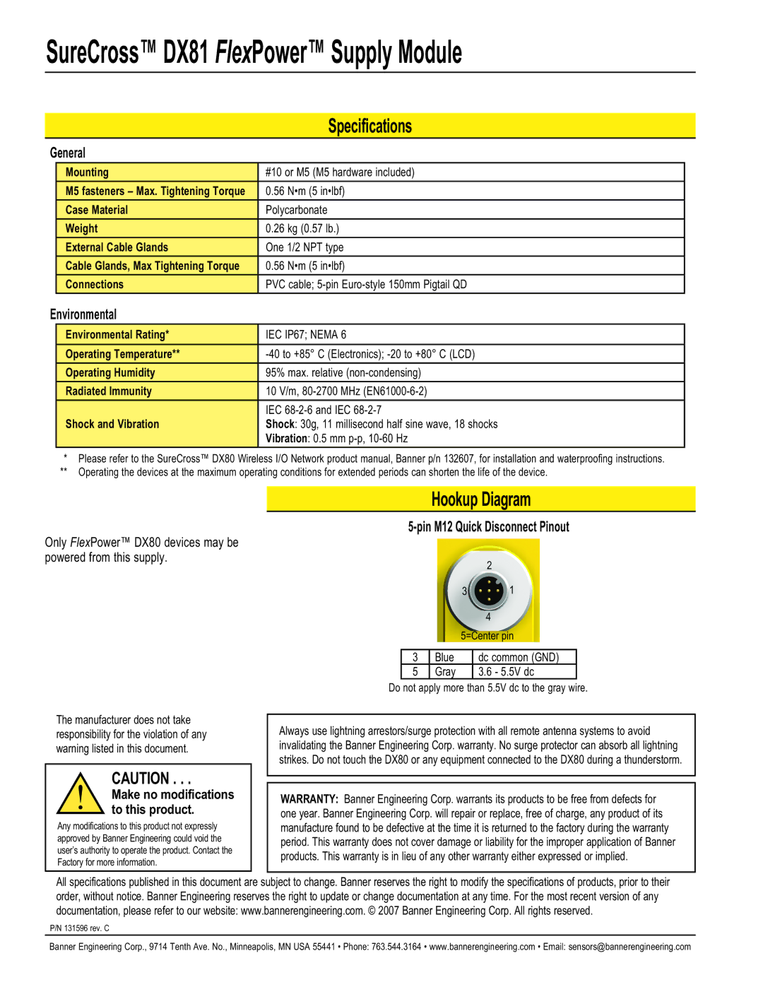 Banner DX81 manual Specifications, Hookup Diagram, General, Environmental, Pin M12 Quick Disconnect Pinout 