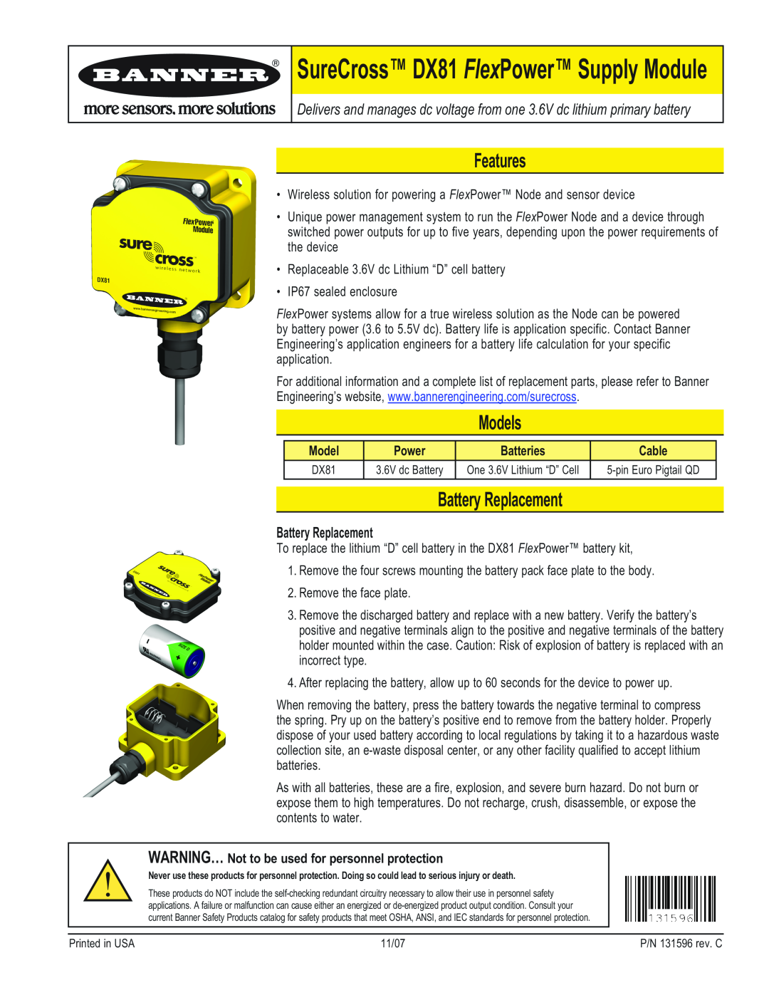 Banner manual Features, Models, Battery Replacement, Batteries, Cable, SureCross DX81 FlexPower Supply Module 