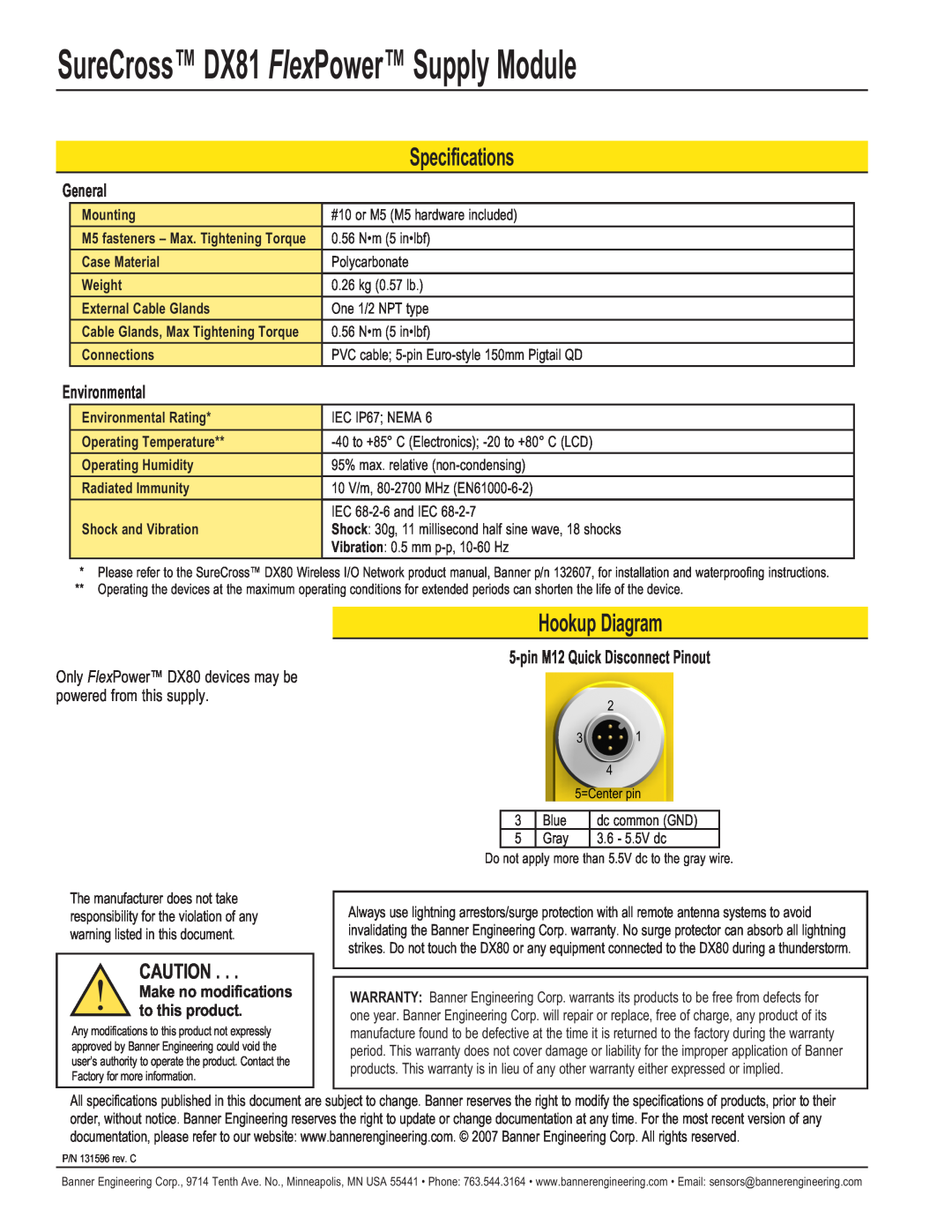 Banner DX81 manual Specifications, Hookup Diagram, General, Environmental, pin M12 Quick Disconnect Pinout 