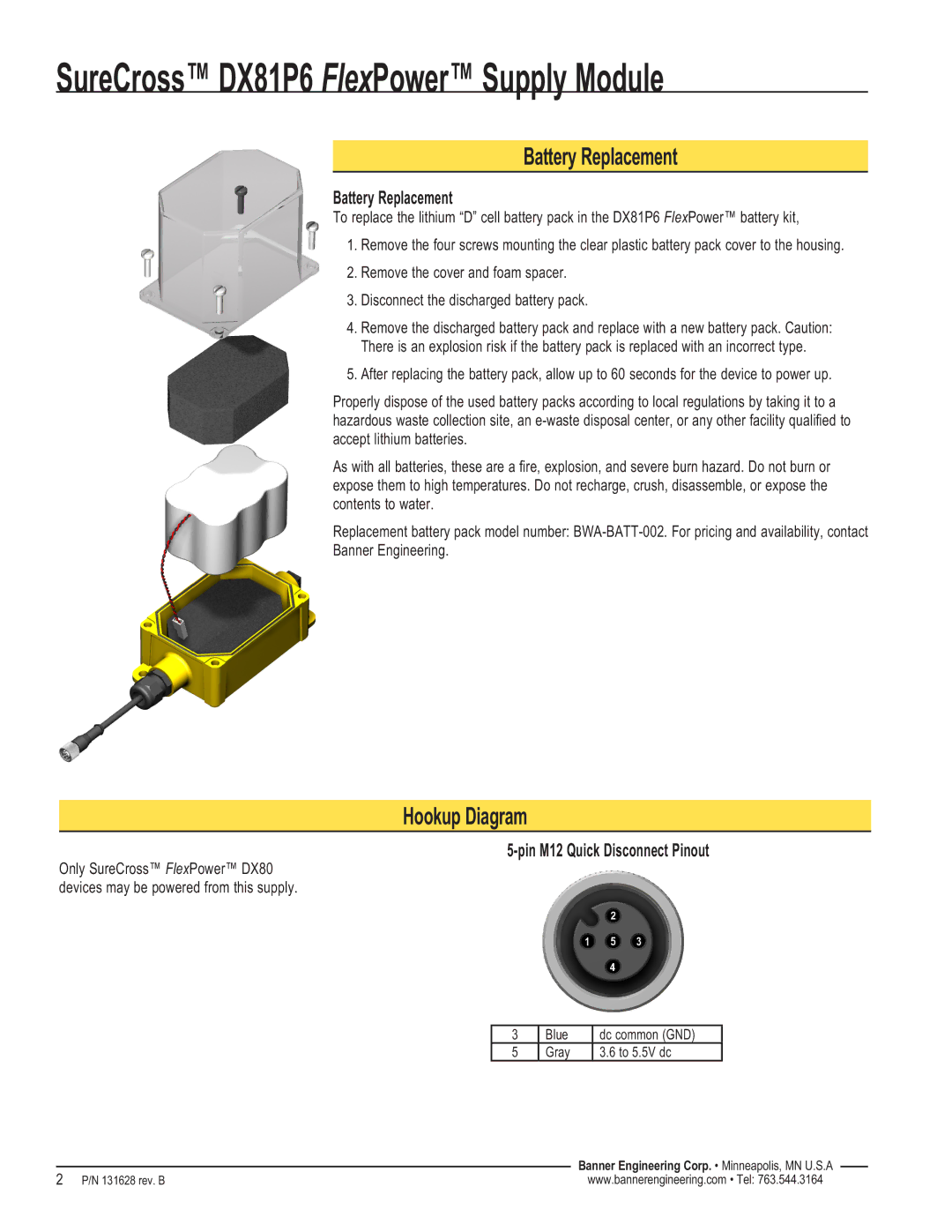 Banner DX81P6 manual Battery Replacement, Hookup Diagram, Pin M12 Quick Disconnect Pinout 