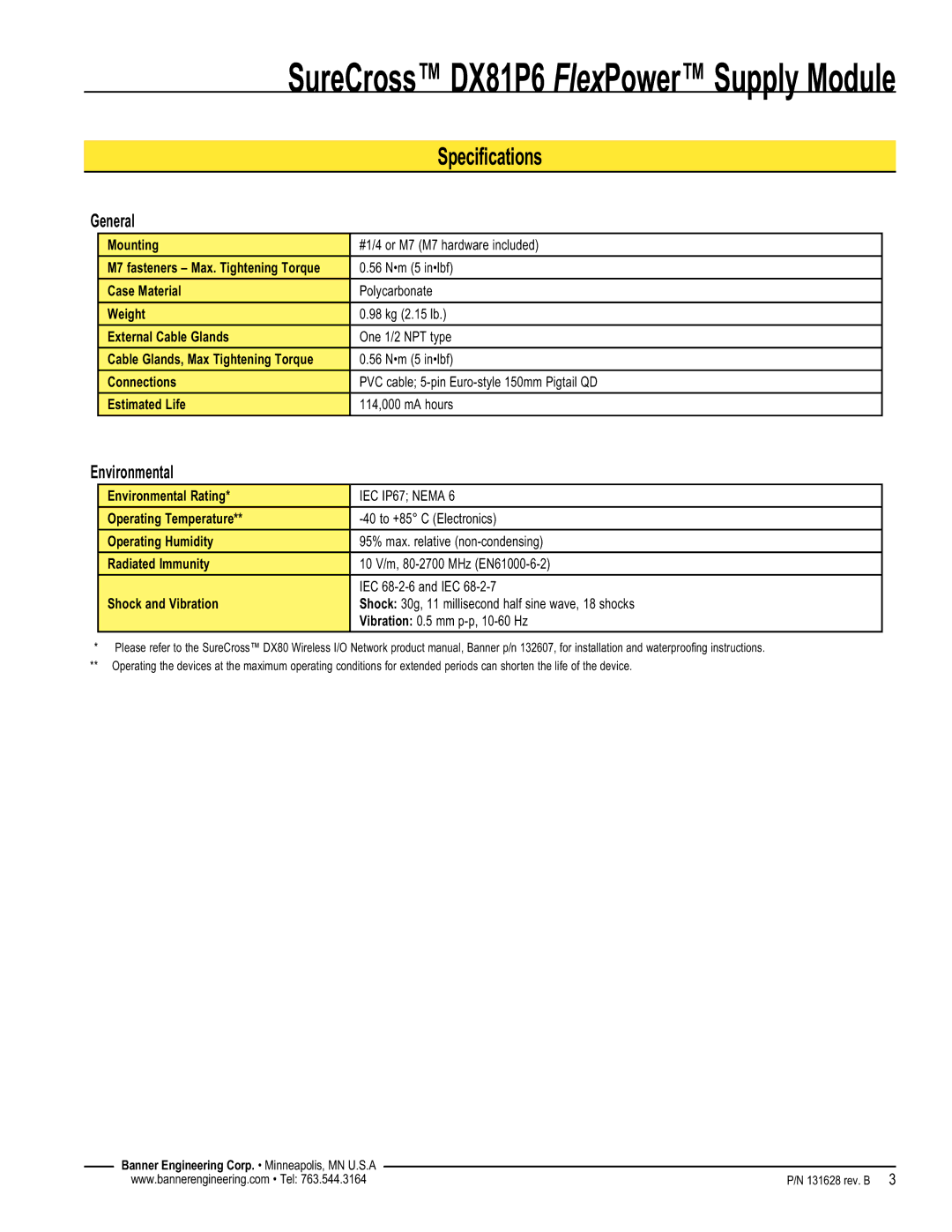 Banner DX81P6 manual Specifications, General, Environmental 