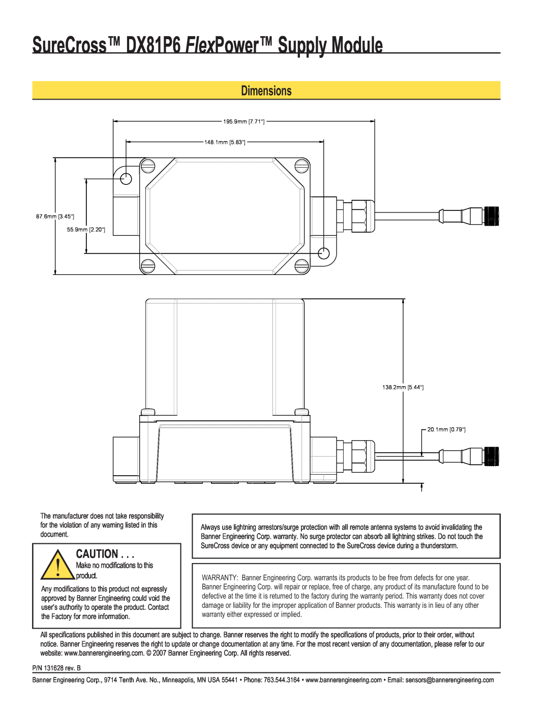 Banner manual Dimensions, SureCross DX81P6 FlexPower Supply Module 
