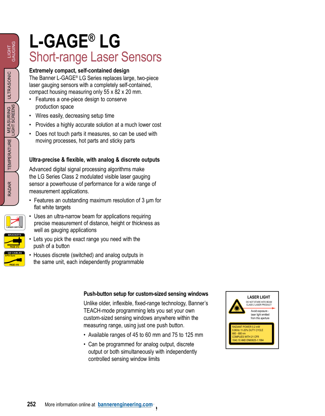 Banner L-GAGE manual Gagelg, Short-range Laser Sensors, Extremely compact, self-contained design 