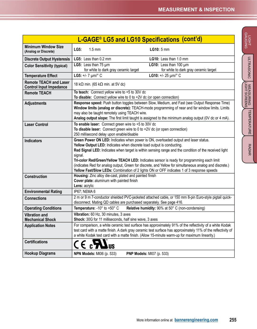 Banner L-GAGE manual GAGELG5 and LG10 Specifications cont’d, 255 