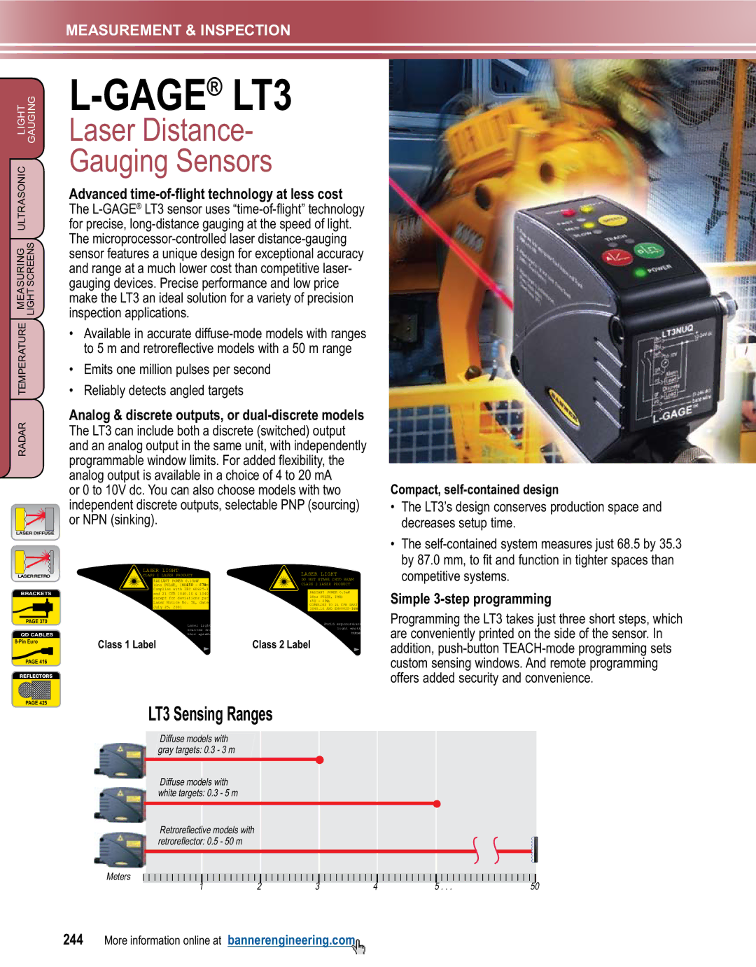 Banner L-GAGE manual GAGELT3, Laser Distance Gauging Sensors, Advanced time-of-flight technology at less cost 