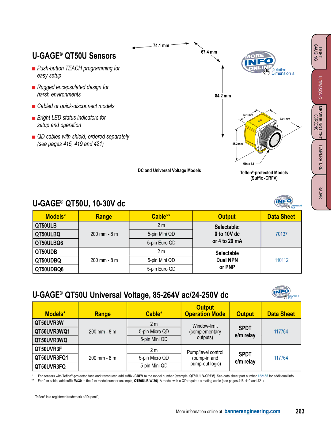 Banner L-GAGE manual GAGEQT50U Sensors, GAGEQT50U, 10-30V dc, Models Range Cable Output Data Sheet, 263 