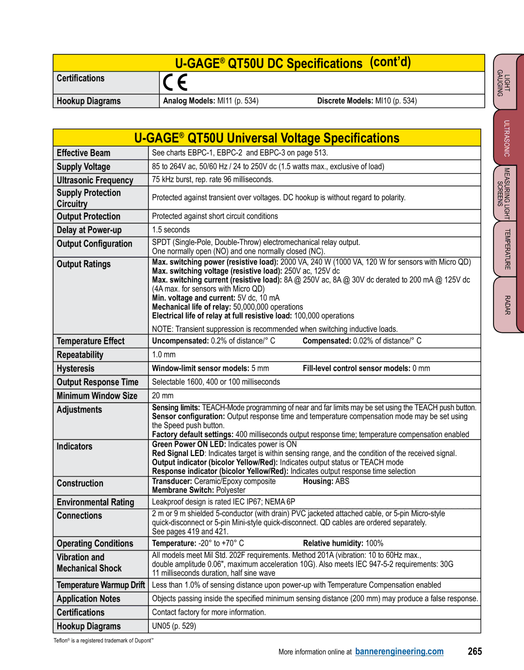 Banner L-GAGE manual GAGEQT50U DC Specifications cont’d, GAGEQT50U Universal Voltage Specifications, 265 