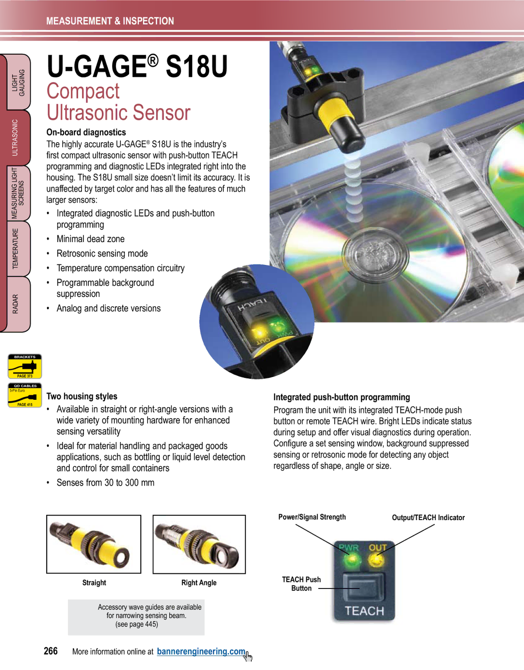 Banner L-GAGE Compact Ultrasonic Sensor, On-board diagnostics, Two housing styles, Integrated push-button programming 