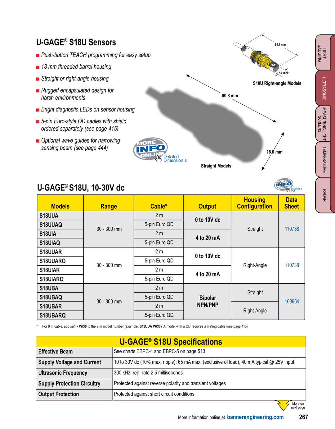 Banner L-GAGE Gage S18U, 10-30V dc, Gage S18U Specifications, Housing Data Models Range Cable Output Configuration Sheet 