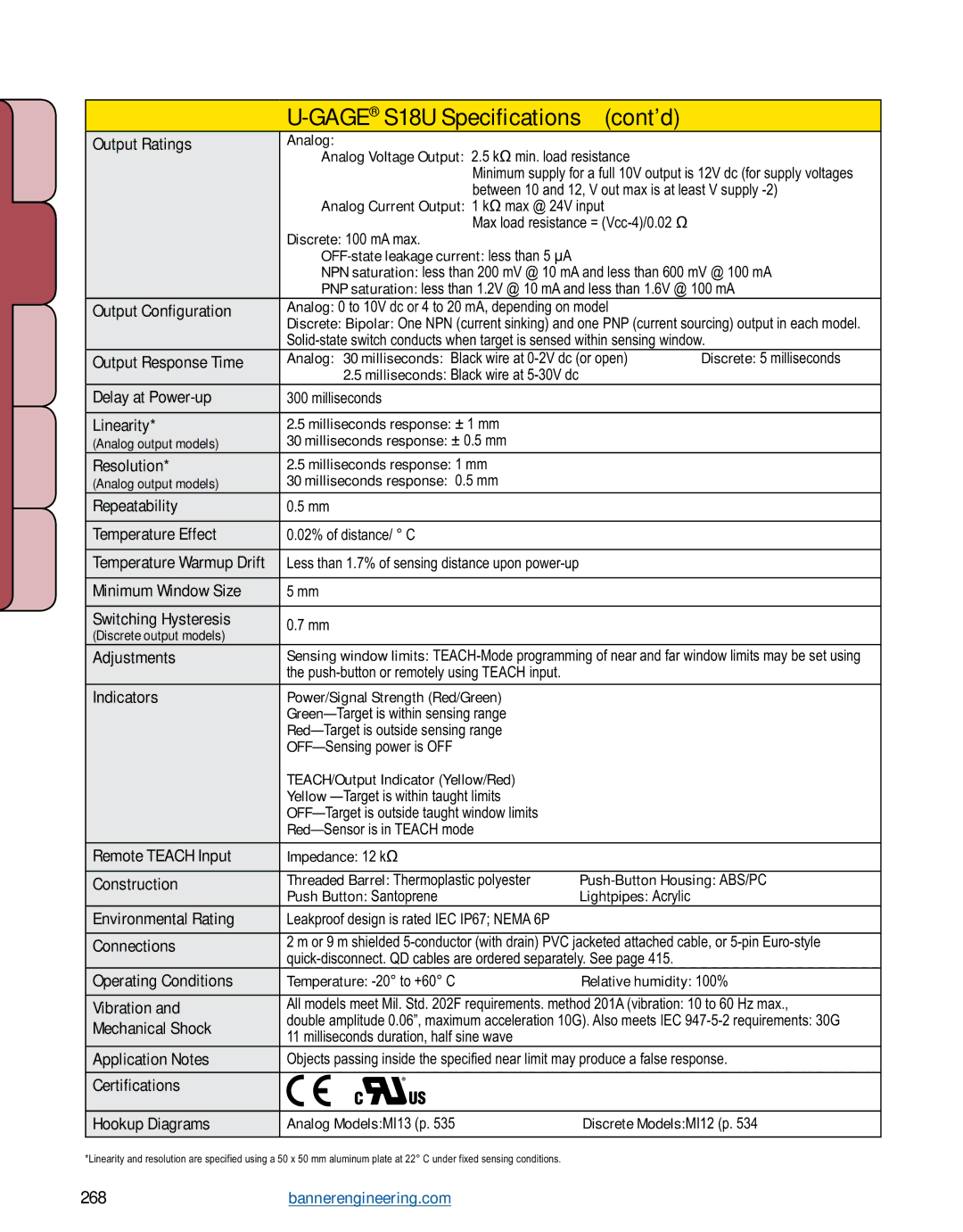 Banner L-GAGE GAGES18U Specifications cont’d, Repeatability Temperature Effect, Minimum Window Size Switching Hysteresis 