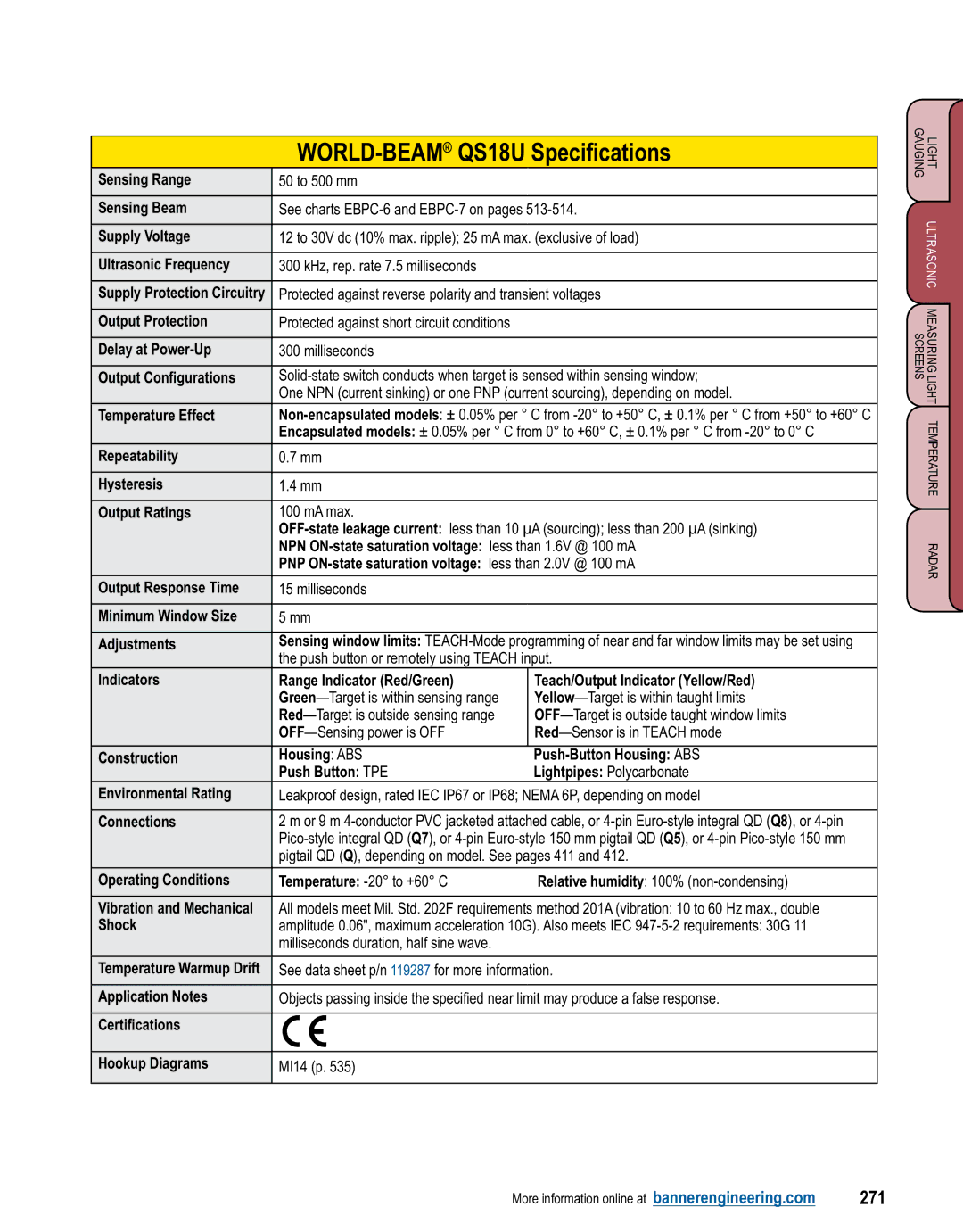 Banner L-GAGE manual WORLD-BEAM QS18U Specifications, 271 