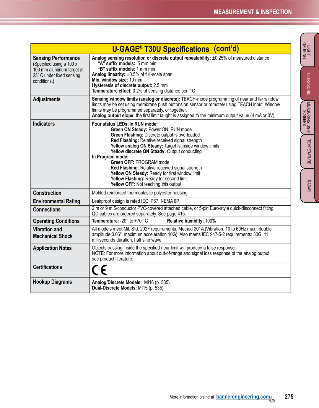 Banner L-GAGE manual Gage T30U Specifications cont’d, 275, Sensing Performance 