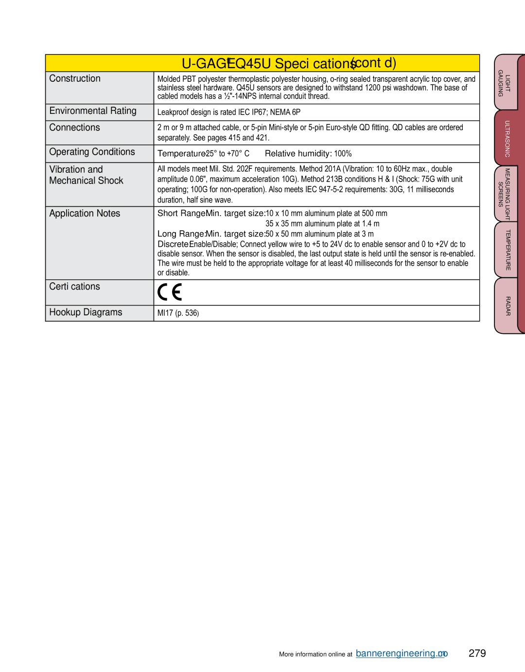 Banner L-GAGE manual GAGEQ45U Specifications cont’d, 279, Short Range Min. target size 