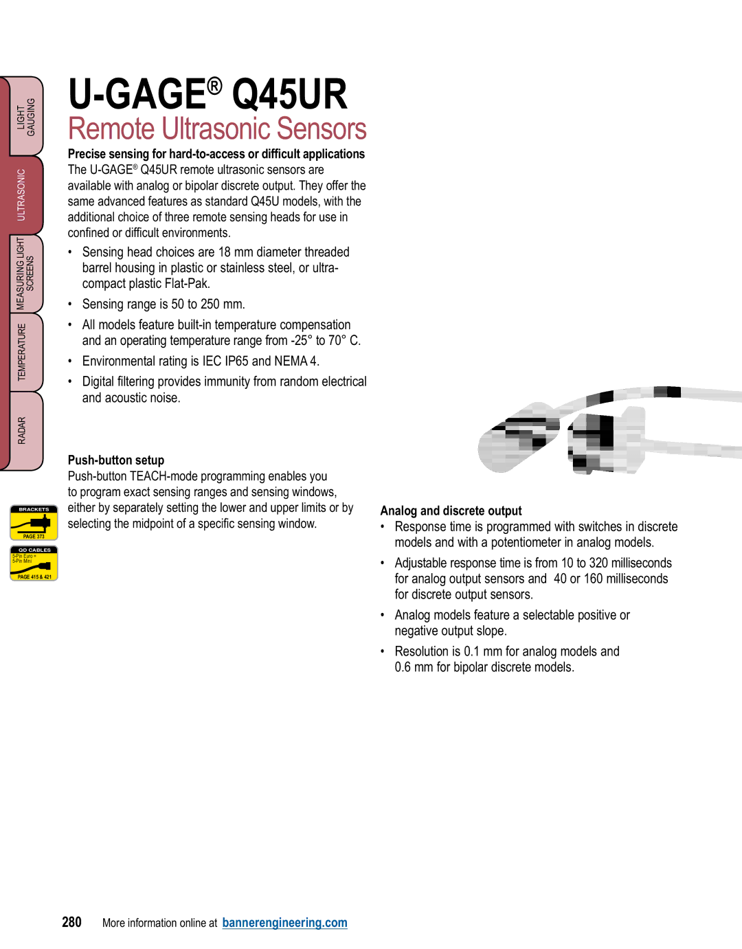 Banner L-GAGE manual GAGEQ45UR, Push-button setup, Analog and discrete output 